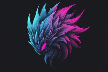 Abstract vibrant pink and blue stylized creature head design, dark background.