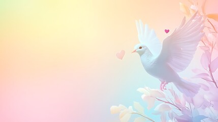 White Dove Soaring Amidst Pastel Flowers and Hearts