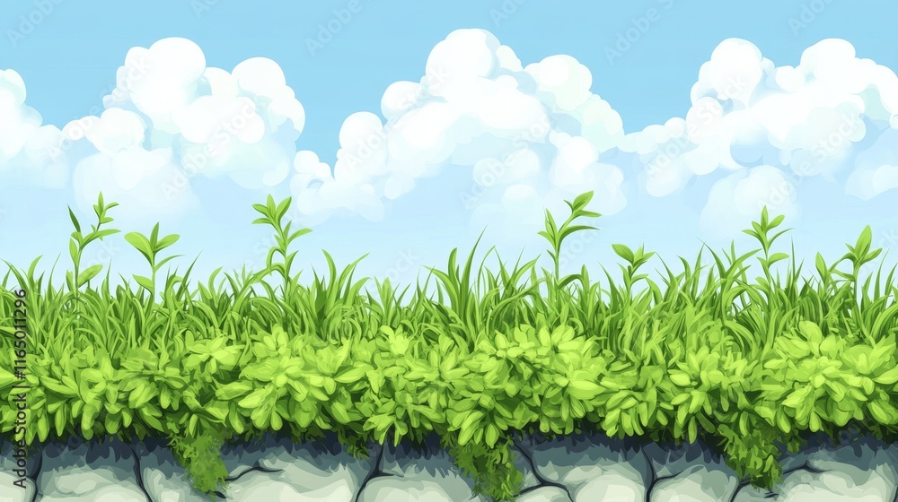 Poster lush green grass field with delicate clouds - 3d isolated background for website design and banners