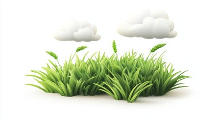 Vibrant Cartoon Style Green Grass Blades with Floating White Clouds - Versatile Isolated Illustration for Design Projects