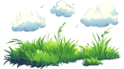 Whimsical Green Grass Blades and Floating Clouds - Cartoon Style Nature Illustration
