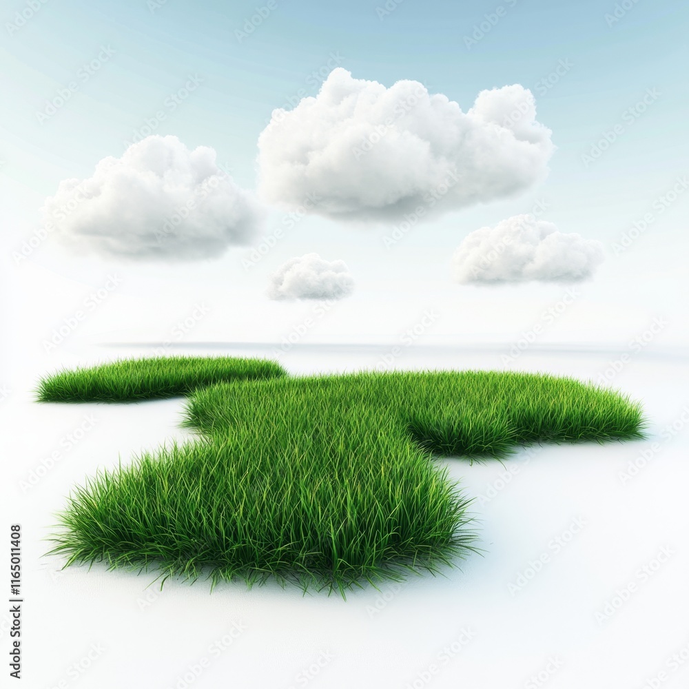 Poster Lush Green Grass Patches and Fluffy Clouds 3D Rendering for Banners on White Background