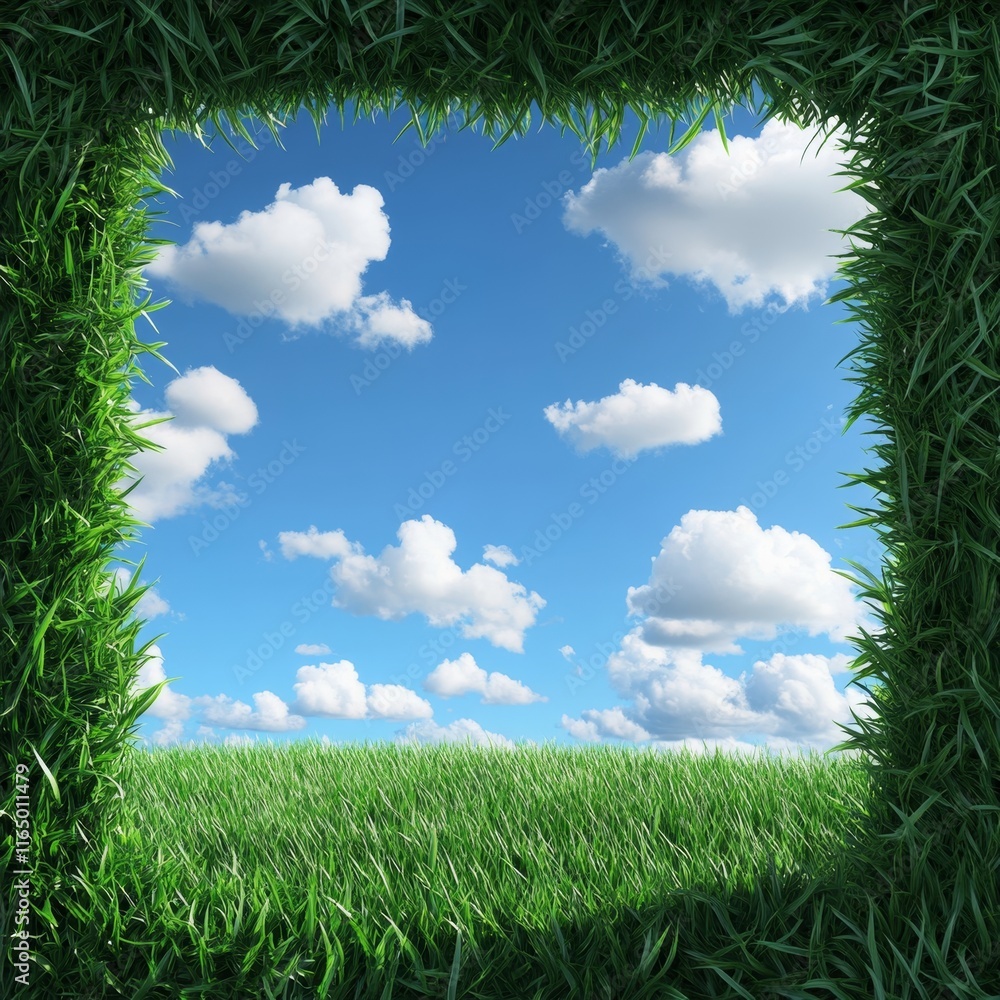 Poster serene green: whimsical 3d render of lush grass and clouds with clear frame for text; nature banner 
