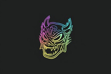 Colorful line art illustration of a stylized oni mask, a Japanese demon.
