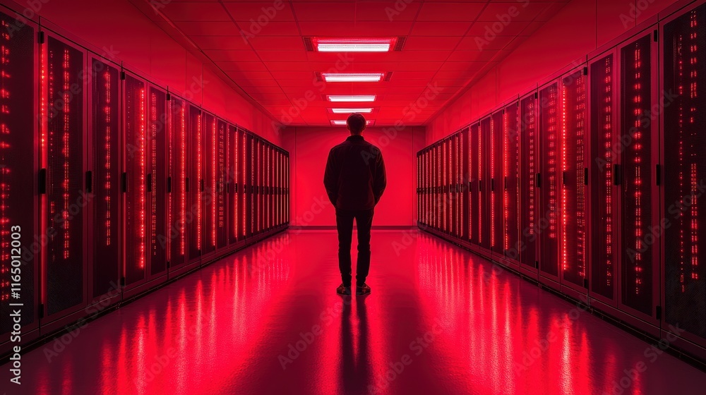 Poster a silhouette of a person stands between rows of glowing red servers in a data center. ideal for tech