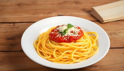 A plate of freshly cooked spaghetti served on a rustic wooden background. The golden pasta is elegantly arranged, topped with rich tomato sauce, herbs, and grated cheese