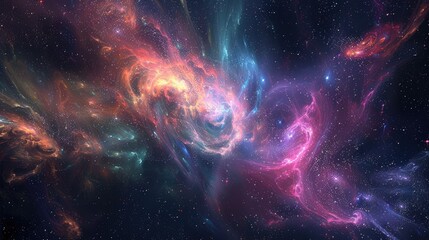 Obraz premium A vibrant cosmic scene depicting swirling galaxies and colorful nebulae in the universe.