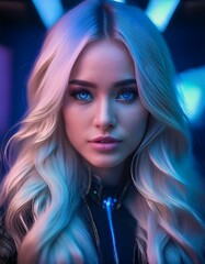 Fototapeta premium portrait of a woman, photo of a blonde woman, woman looking at the camera with a sharp and firm gaze, blurred background