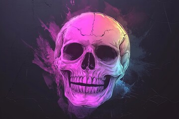 Colorful skull illustration with neon pink, blue, and purple watercolor splashes on a dark background.