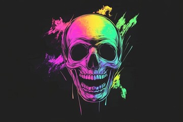 Colorful skull illustration with vibrant paint splashes on black background.