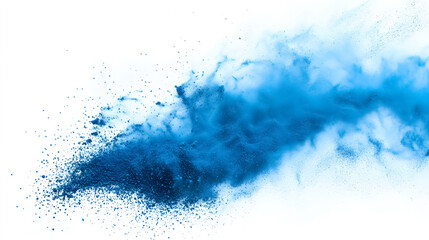 Obraz premium An abstract explosion of blue dust on a white background, showcasing the motion of blue powder splashing during a Holi festival.