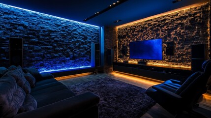 Naklejka premium A modern home theater with ambient lighting and comfortable seating for entertainment.