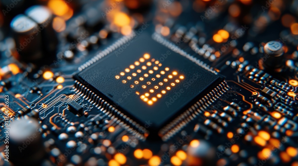 Aufkleber close-up of a circuit board's cpu with illuminated orange dots. ideal for technology websites or ele