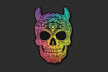 Colorful skull with horns and intricate floral design on dark background.