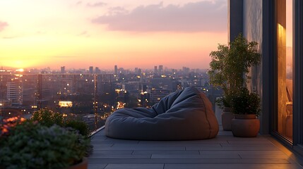 A luxurious balcony setup featuring a soft bean bag chair, sunset hues coloring the distant cityscape, potted plants adding greenery, and soft shadows creating a tranquil, urban retreat vibe,