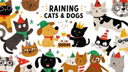 Cute Cats and Dogs Celebrating with Party Hats and Wine Glasses