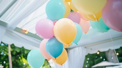 Pastel-colored balloons floating above a white tent setup for an outdoor party.