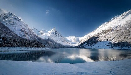 snow covered mountains in winter, snowy mountain and lake view
