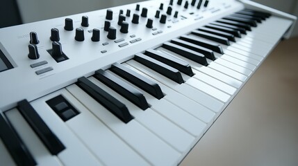 Fototapeta premium A close-up view of a keyboard with black and white keys and various control knobs.
