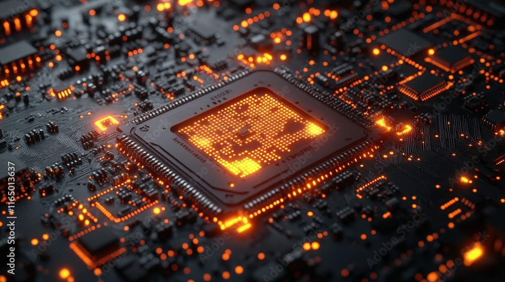 Poster close-up of a futuristic circuit board with glowing orange lights ideal for technology and innovatio