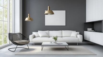 Modern living room with minimalist design, featuring a white sofa and stylish decor.