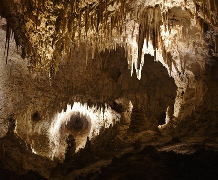 Cave formation of stalactites and stalagmites in the Big Room of Carlsbad Caverns National Park, New Mexico