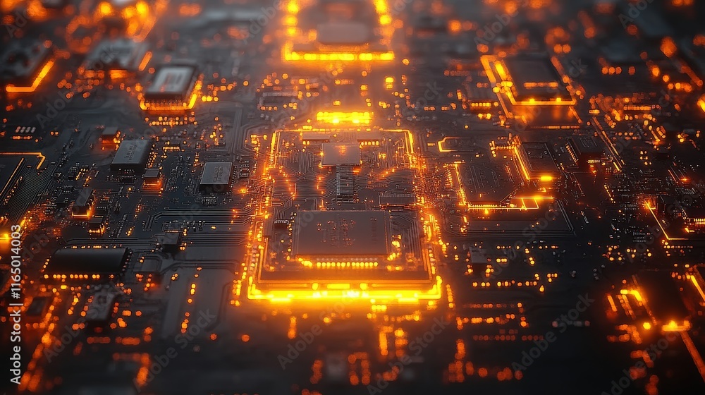 Aufkleber a futuristic circuit board with glowing orange pathways. ideal for technology backgrounds or visual 