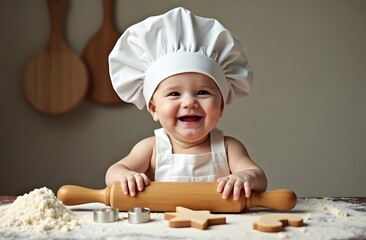 Adorable Baby Chef Baking Cookies in a Cozy Kitchen with Warm Lighting and Playful Ingredients