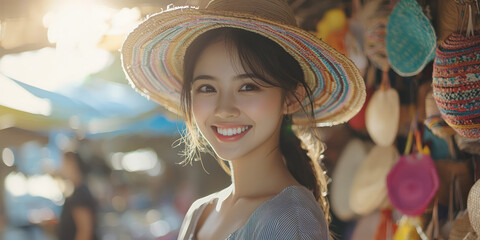 Portrait of happy beautiful young Asian woman smiling is shopping for handcrafts in traditional market with sunlight flare light background, generative AI
