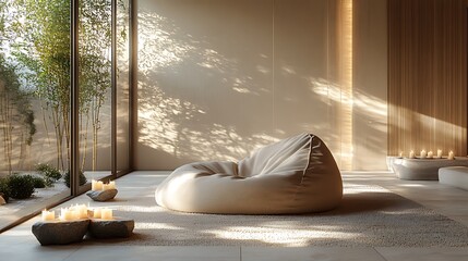 A minimalist Zen space featuring a large bean bag chair, surrounded by candles on natural stone holders, a calming sand garden nearby, and soft shadows playing across the floor, hd quality,