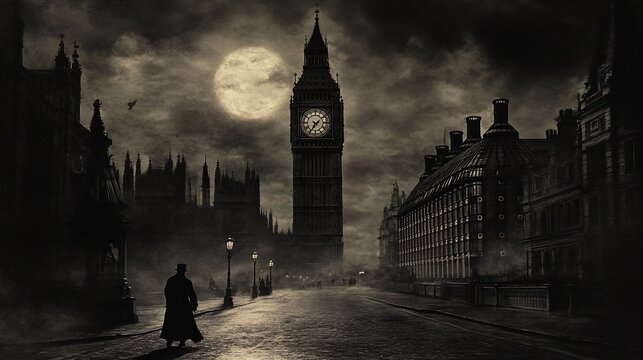 Mysterious London street at night, Big Ben under full moon.