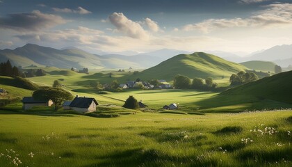 landscape with mountains and sky, the view of the houses standing in the beautiful meadow