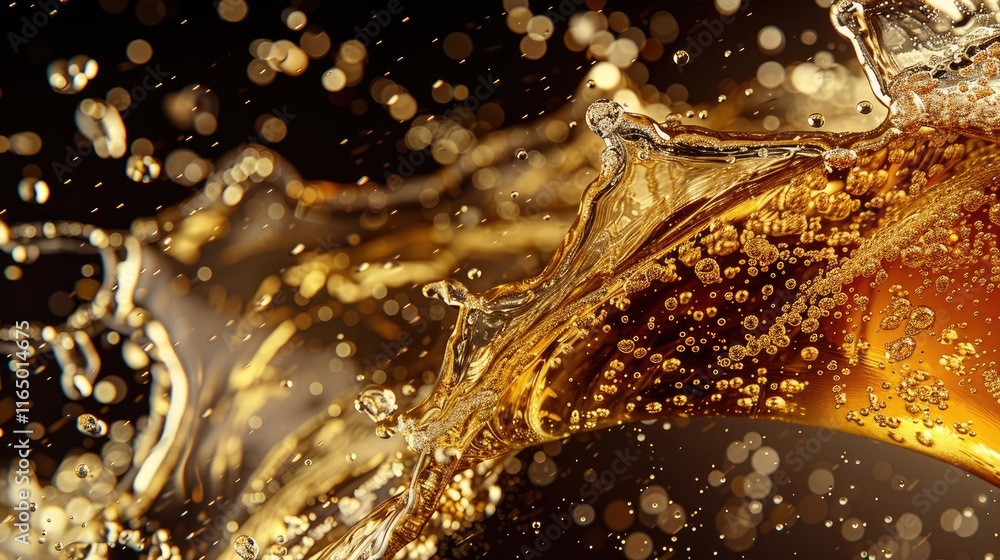 Poster a dynamic splash of a fizzy beverage with bubbles and reflections.