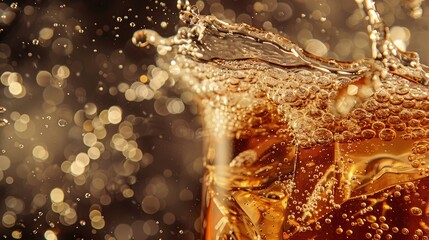 A close-up of a fizzy beverage splashing, highlighting bubbles and liquid motion.