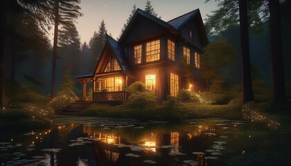 house in the woods, view of a house in the middle of the forest at night with yellow lights