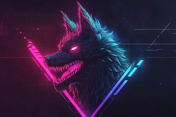 Glowing neon wolf head profile in vibrant pink and blue, 80s synthwave style.