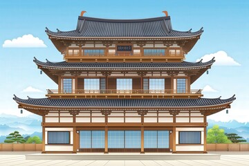 Traditional japanese pagoda architecture scenic landscape digital artwork tranquil environment front view cultural heritage