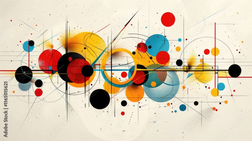 Poster abstract composition featuring colorful circles and lines, emphasizing modern design.