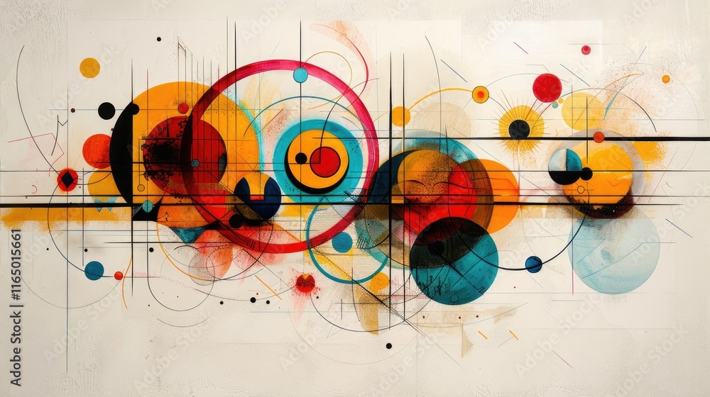 Poster abstract artwork featuring vibrant circles and lines in a dynamic composition.