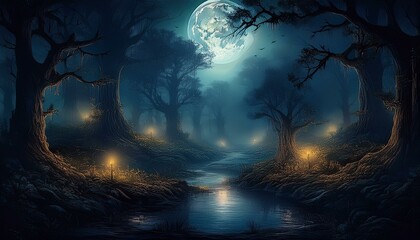 Fototapeta premium night atmosphere with a full moon, river view among the trees at night