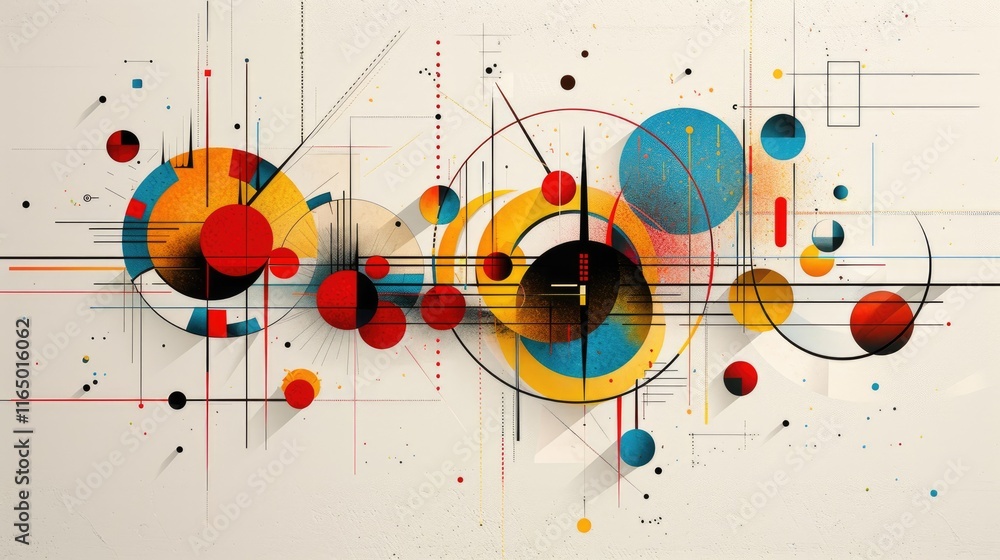 Poster abstract geometric composition with vibrant circles and lines in a modern art style.