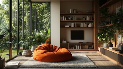 A modern studio apartment with a statement bean bag chair in a bold color, sleek open shelving, a textured area rug, and a flood of natural light creating depth and dimension, hd quality,