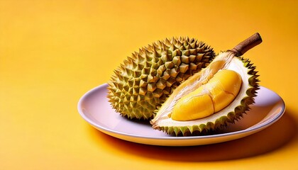 durian fruit beside it, durian has been opened on a white plate, yellow background, copy space 
