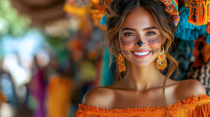 Obraz premium Woman in orange attire with colorful face paint, smiling in a traditional setting