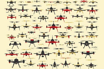 Diverse drone models showcase technology exhibition infographic indoor event aerial perspective innovation in flight