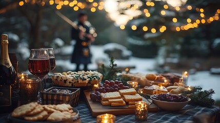 Obraz premium A festive outdoor table setup showcasing Scottish shortbread alongside other Hogmanay treats, with fairy lights strung above and a traditional bagpipe player blurred in the distant background.