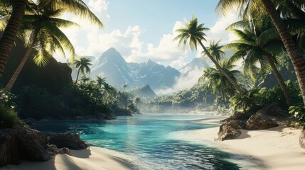 Tranquil Tropical Paradise with Lush Palm Trees and Serene Waters