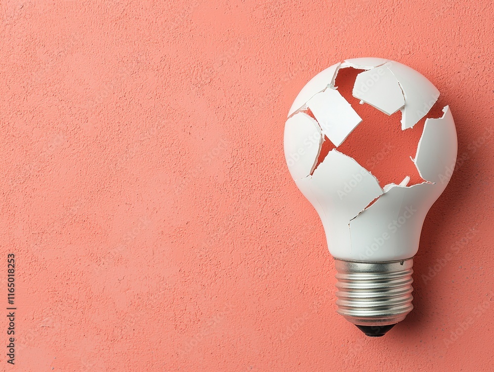 Poster broken lightbulb symbolizing rebuilding ideas from challenges on pink background