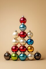 different color spheres baubles in the shape of a christmas tree
