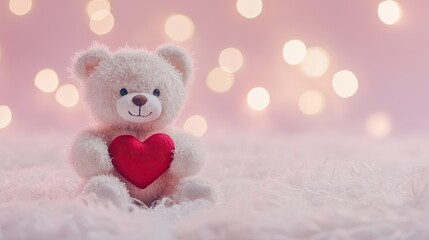 Obraz premium A cute teddy bear holding a red heart, placed on a pastel pink background with soft bokeh lights.